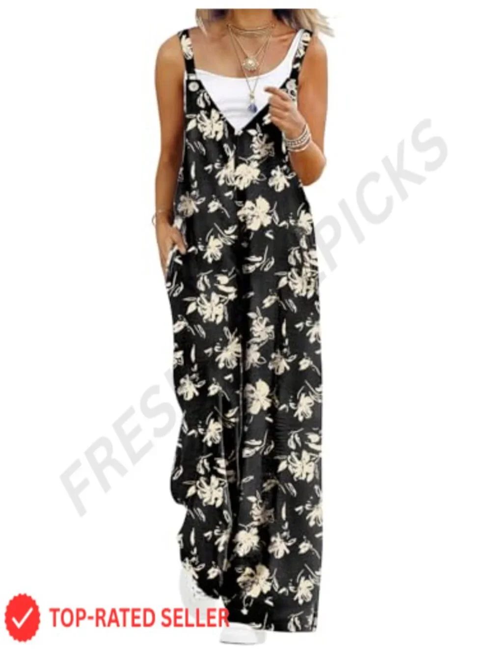 Women's Casual Wide Leg Jumpsuit Summer Boho Sleeveless V Neck with Pockets
